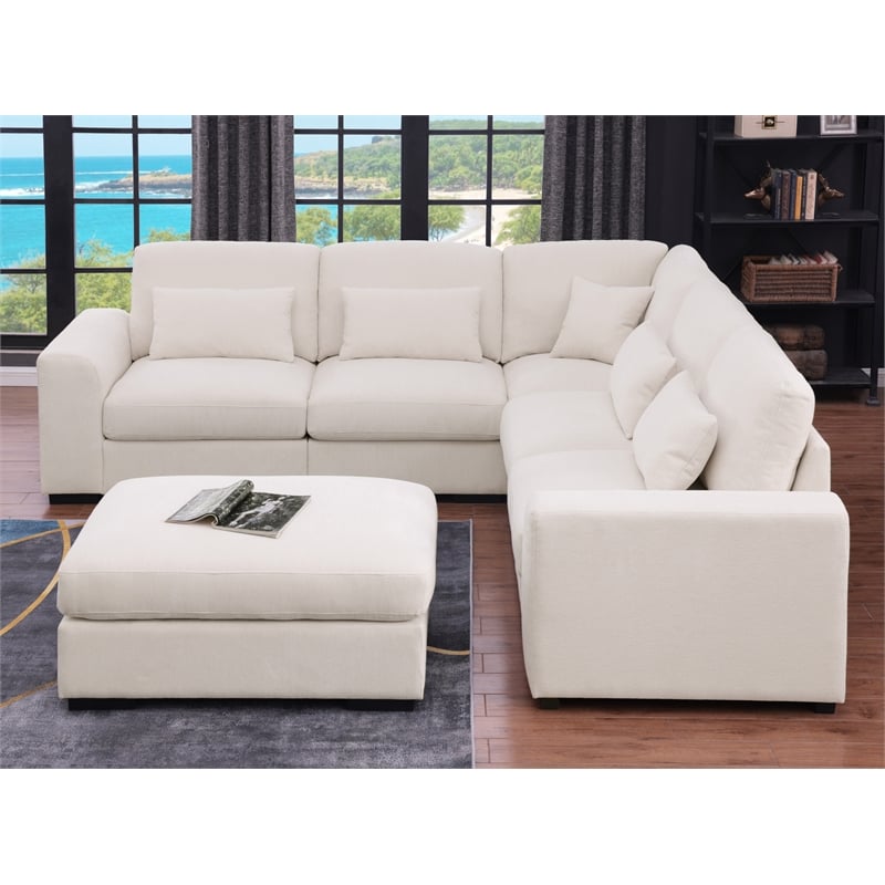 L-Shape Chenille Sectional Sofa with Ottoman & Pillows 5-Seat Beige