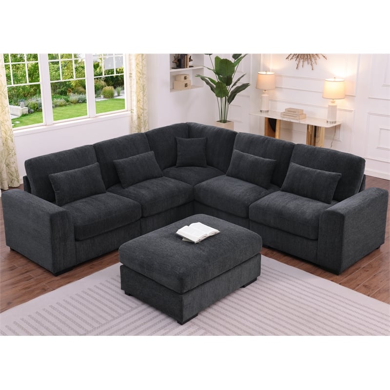 L-Shape Chenille Sectional Sofa with Ottoman & Pillows 5-Seat Gray