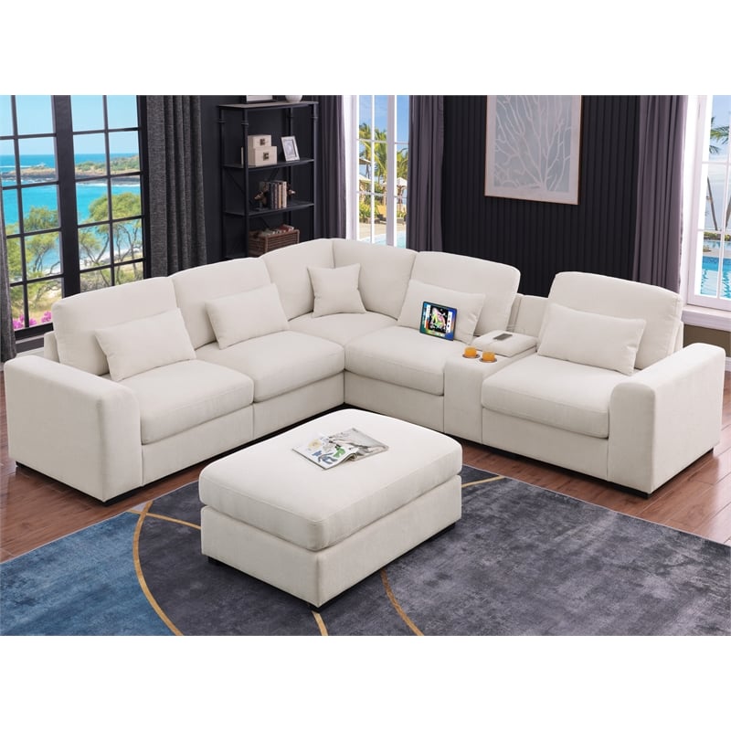 Chenille L-Shape Sectional Sofa with Ottoman Console Pillows Beige