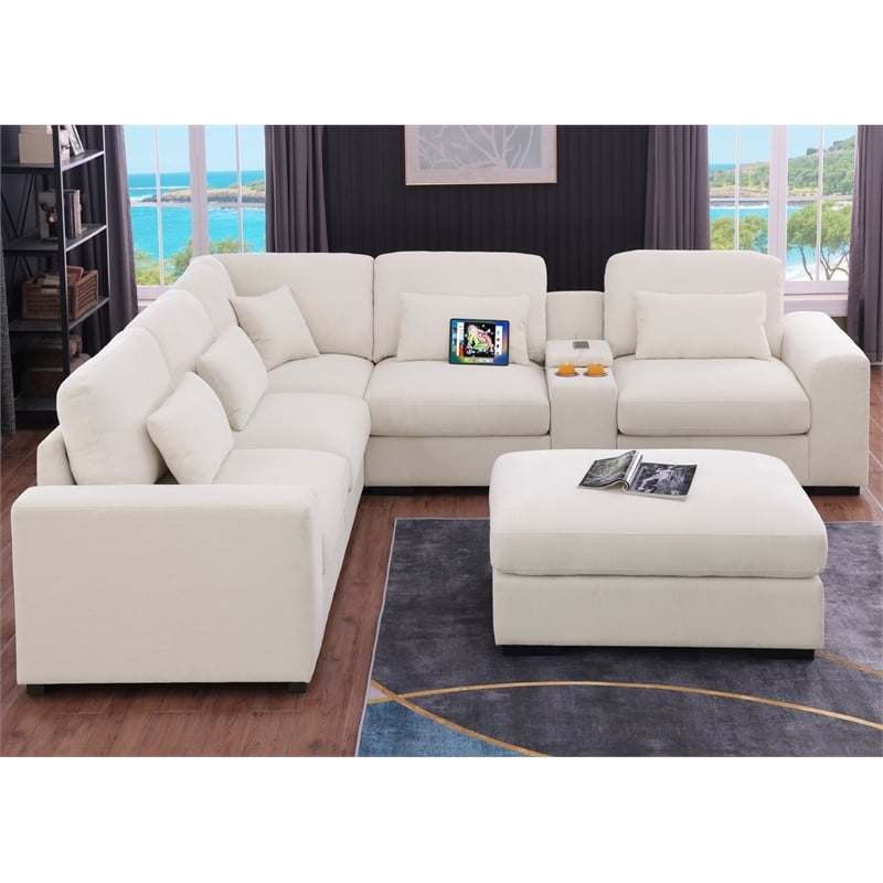 Chenille L-Shape Sectional Sofa with Ottoman Console Pillows Beige
