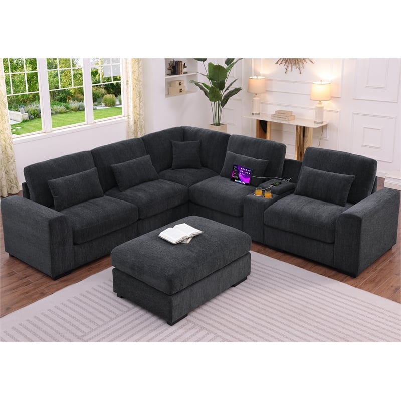 Chenille L-Shape Sectional Sofa with Ottoman Console Pillows Gray