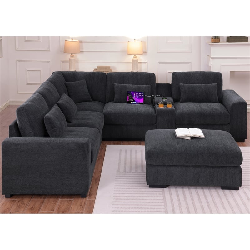Chenille L-Shape Sectional Sofa with Ottoman Console Pillows Gray
