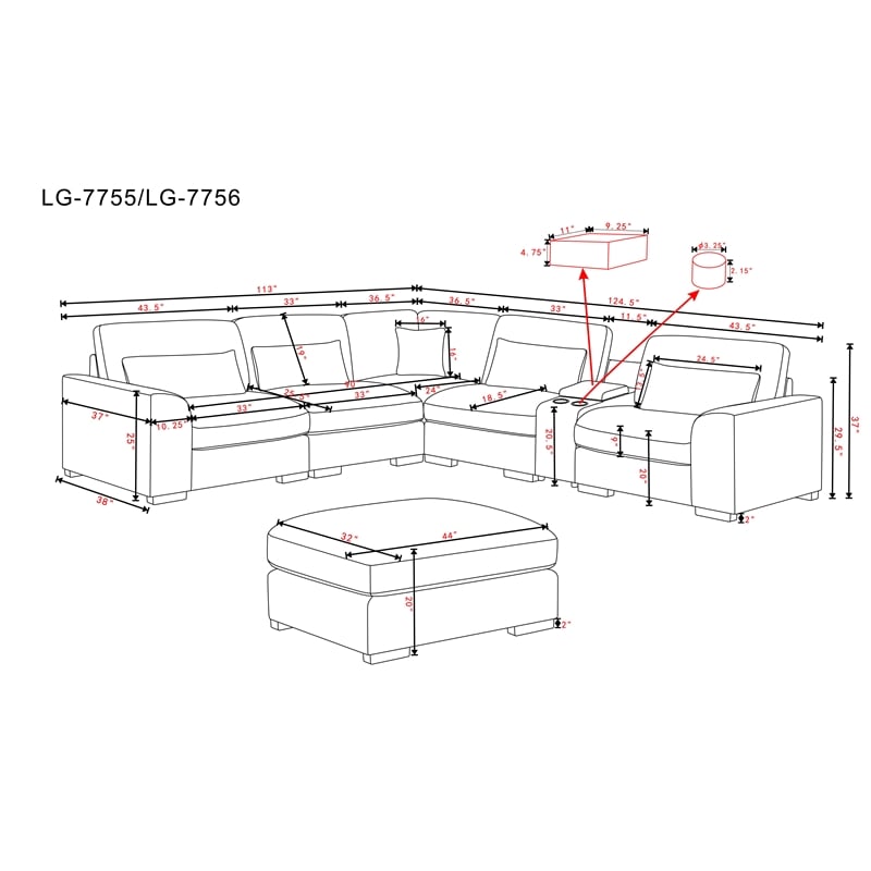 Chenille L-Shape Sectional Sofa with Ottoman Console Pillows Gray