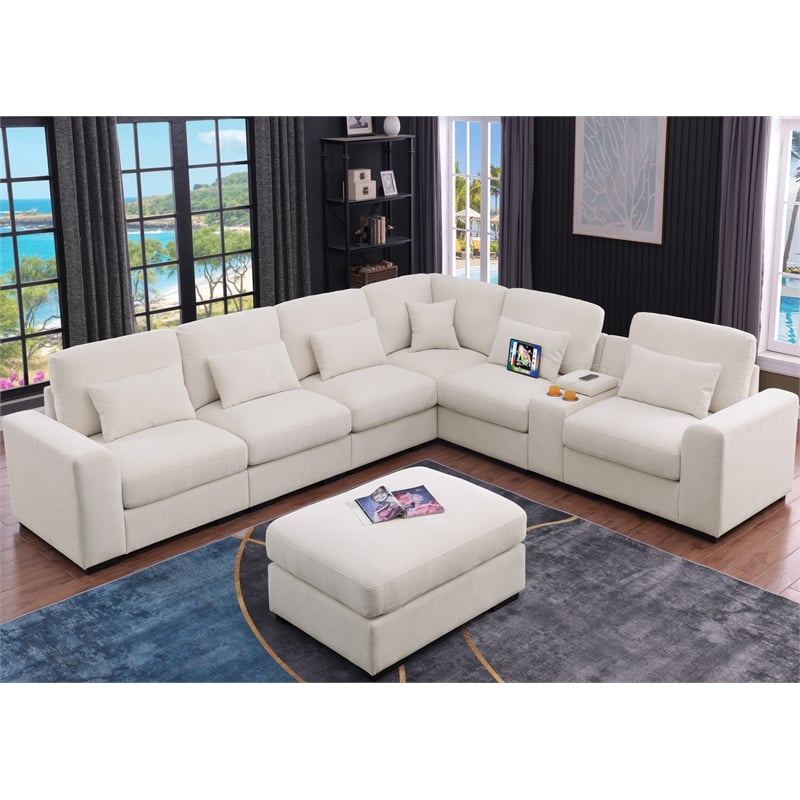 6-Seat Chenille Sectional Sofa with Ottoman Console & Pillows Beige