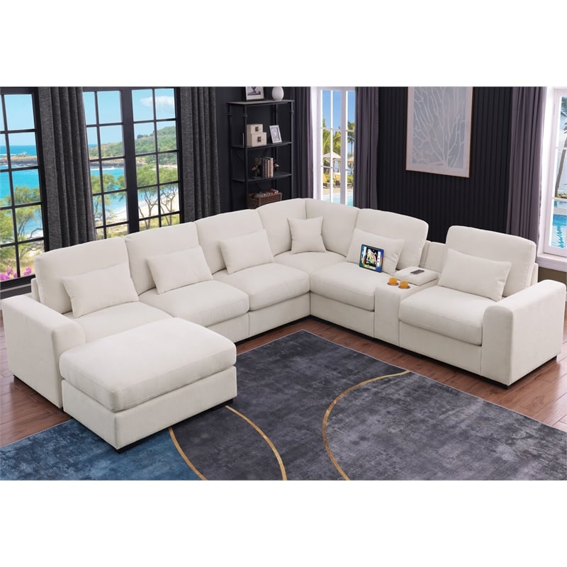 6-Seat Chenille Sectional Sofa with Ottoman Console & Pillows Beige