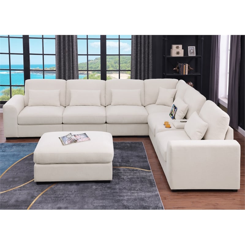 6-Seat Chenille Sectional Sofa with Ottoman Console & Pillows Beige