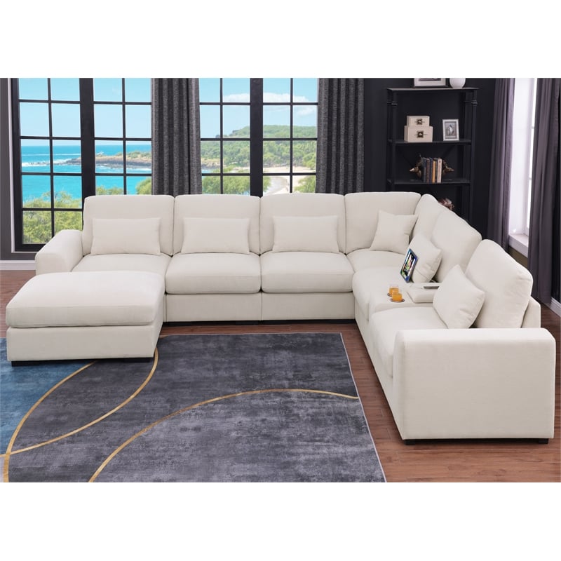 6-Seat Chenille Sectional Sofa with Ottoman Console & Pillows Beige