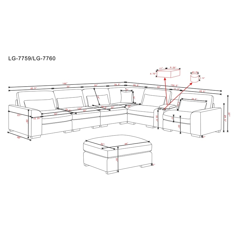 6-Seat Chenille Sectional Sofa with Ottoman Console & Pillows Beige