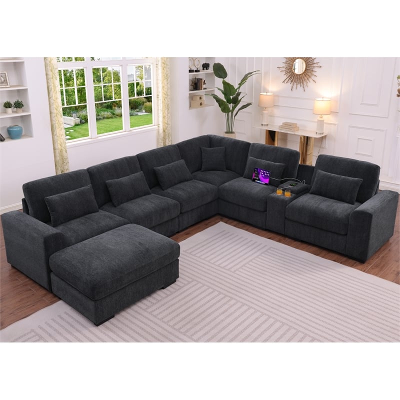 6-Seat Chenille Sectional Sofa with Ottoman Console & Pillows Gray