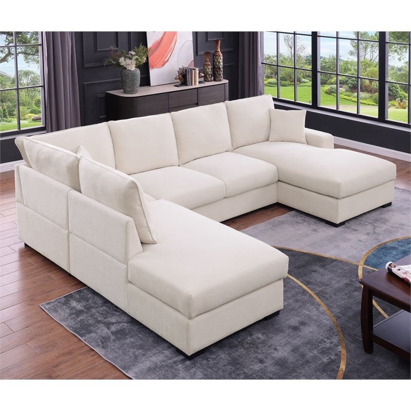 U-Shape Chenille Sectional Sofa with Dual Chaise Beige