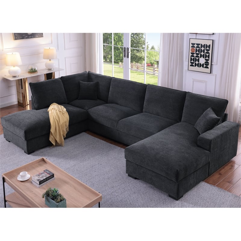 U-Shape Chenille Sectional Sofa with Dual Chaise Gray