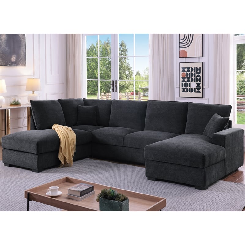 U-Shape Chenille Sectional Sofa with Dual Chaise Gray