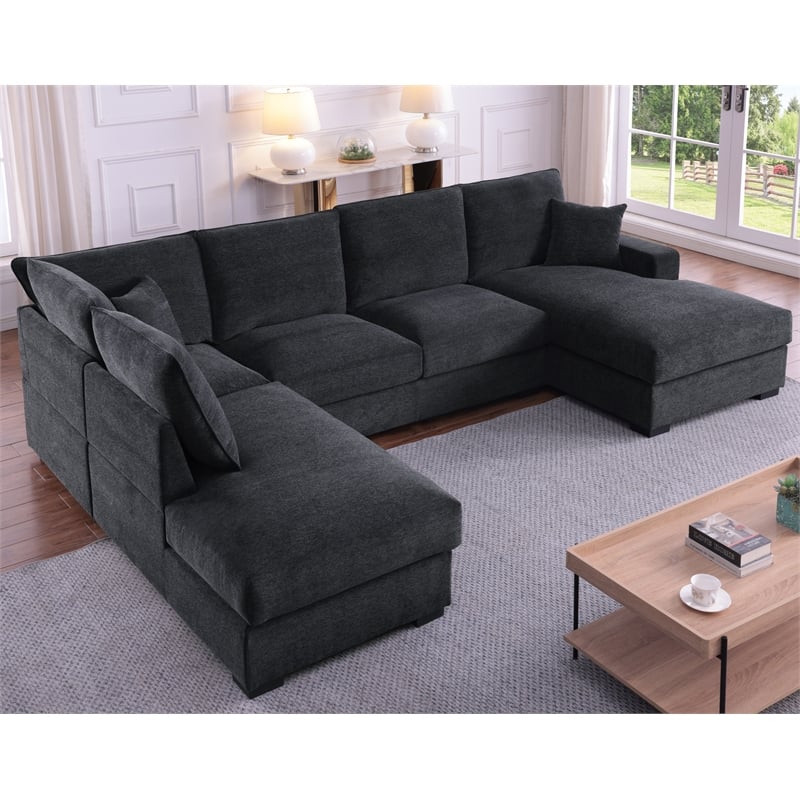 U-Shape Chenille Sectional Sofa with Dual Chaise Gray