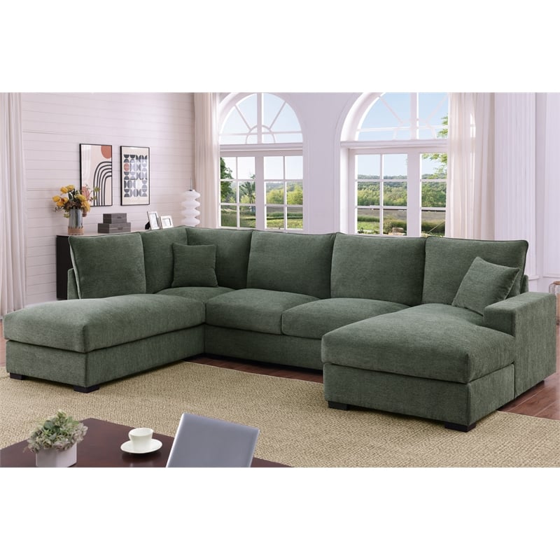 U-Shape Chenille Sectional Sofa with Dual Chaise Green