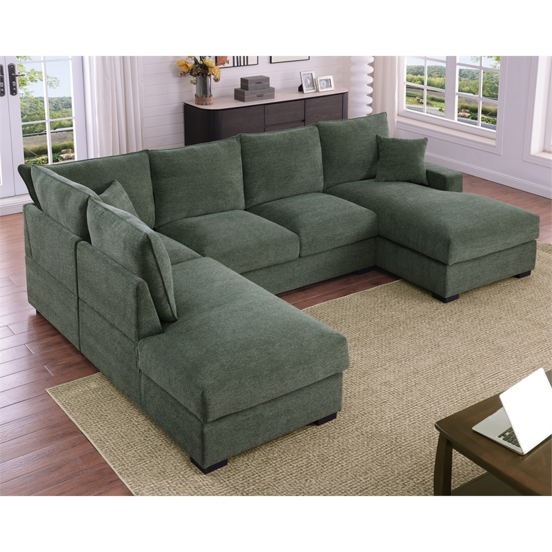 U-Shape Chenille Sectional Sofa with Dual Chaise Green