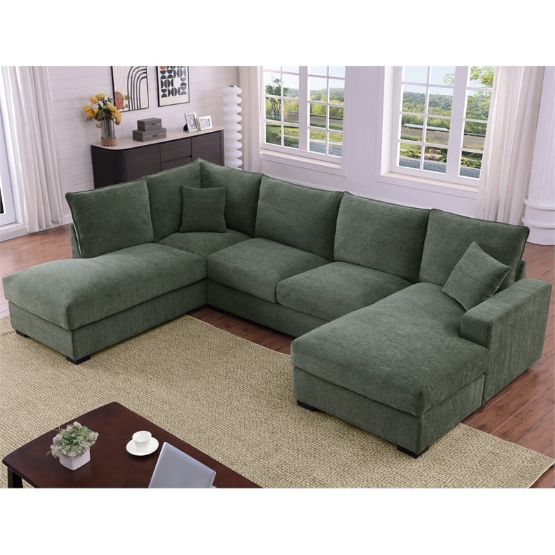 U-Shape Chenille Sectional Sofa with Dual Chaise Green