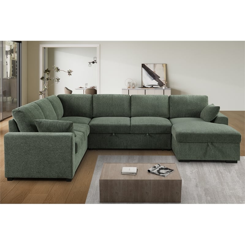 6-Seat U-Shape Chenille Sectional Sleeper Sofa w/ Storage Chaise Green