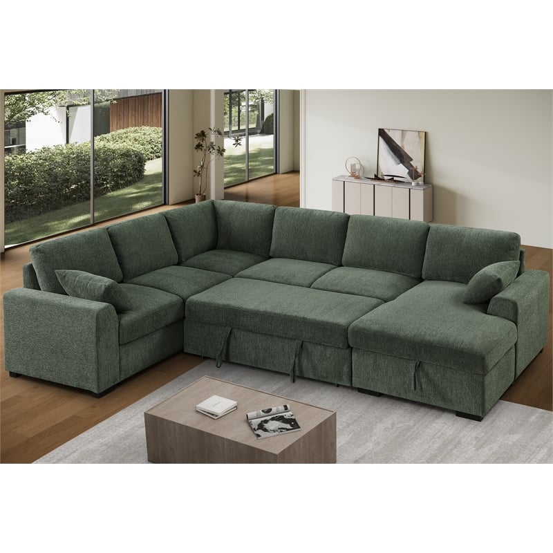 6-Seat U-Shape Chenille Sectional Sleeper Sofa w/ Storage Chaise Green