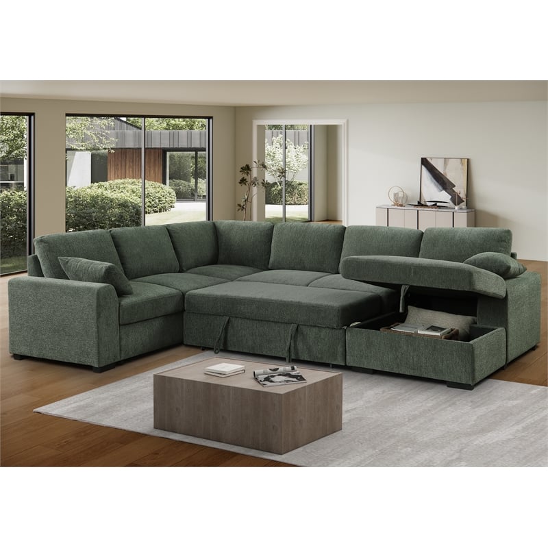 6-Seat U-Shape Chenille Sectional Sleeper Sofa w/ Storage Chaise Green