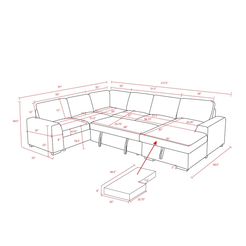 6-Seat U-Shape Chenille Sectional Sleeper Sofa w/ Storage Chaise Green