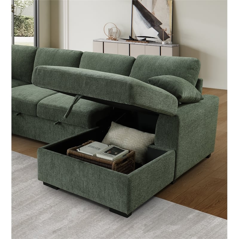 6-Seat U-Shape Chenille Sectional Sleeper Sofa w/ Storage Chaise Green