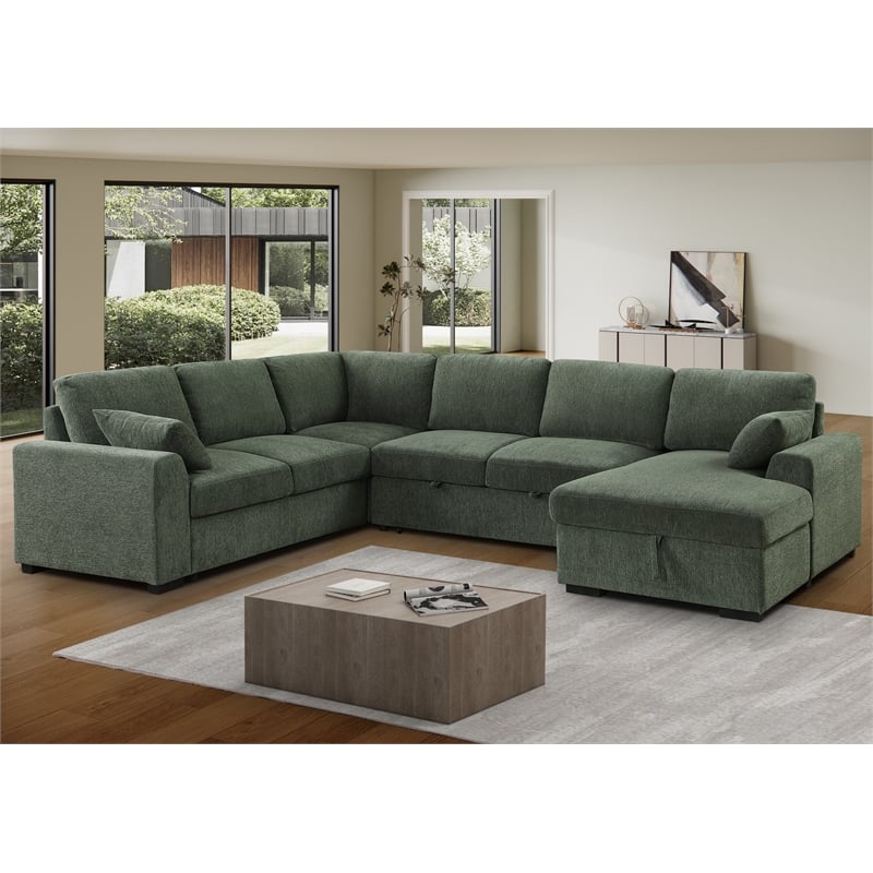 6-Seat U-Shape Chenille Sectional Sleeper Sofa w/ Storage Chaise Green