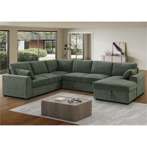 6-Seat U-Shape Chenille Sectional Sleeper Sofa w/ Storage Chaise Green