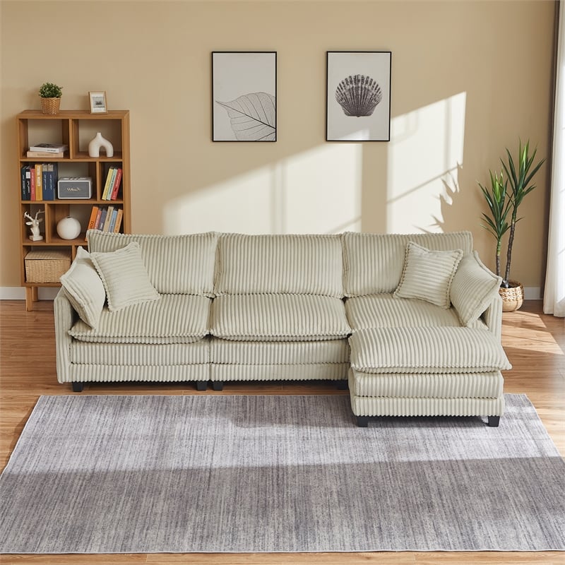 3-Seat Corduroy Cloud Sofa with Ottoman & Pockets & Pillows Beige