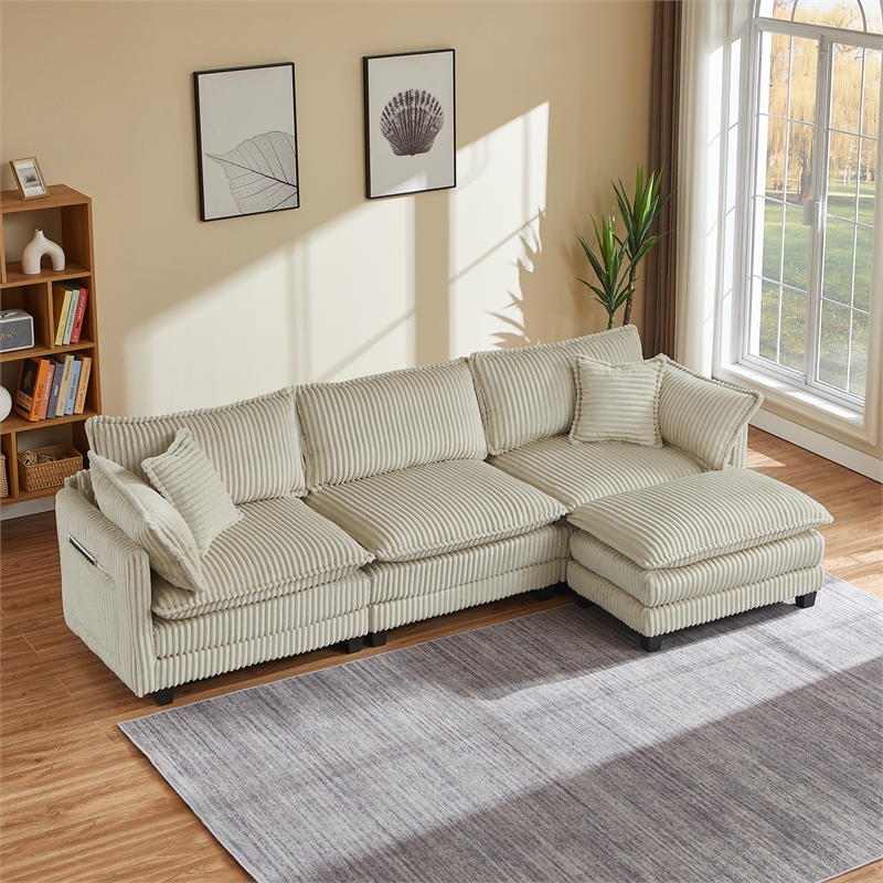 3-Seat Corduroy Cloud Sofa with Ottoman & Pockets & Pillows Beige