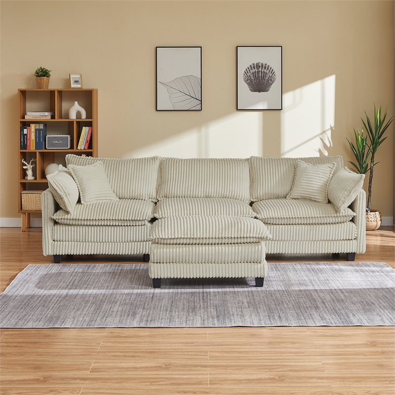 3-Seat Corduroy Cloud Sofa with Ottoman & Pockets & Pillows Beige