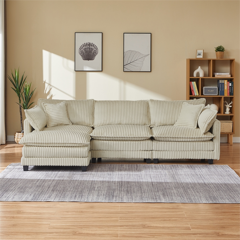 3-Seat Corduroy Cloud Sofa with Ottoman & Pockets & Pillows Beige