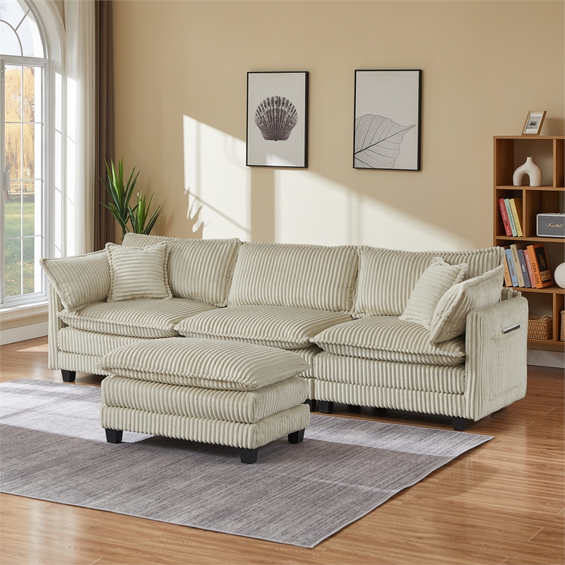 3-Seat Corduroy Cloud Sofa with Ottoman & Pockets & Pillows Beige