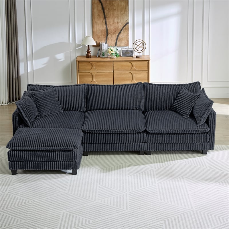 3-Seat Corduroy Cloud Sofa with Ottoman & Pockets & Pillows Gray