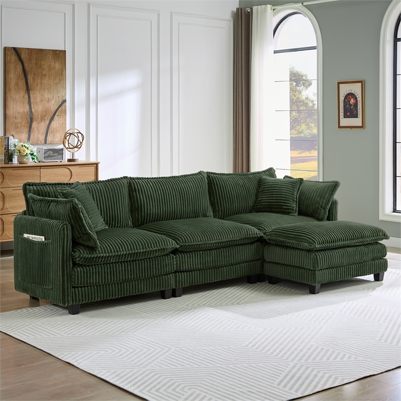 3-Seat Corduroy Cloud Sofa with Ottoman & Pockets & Pillows Green