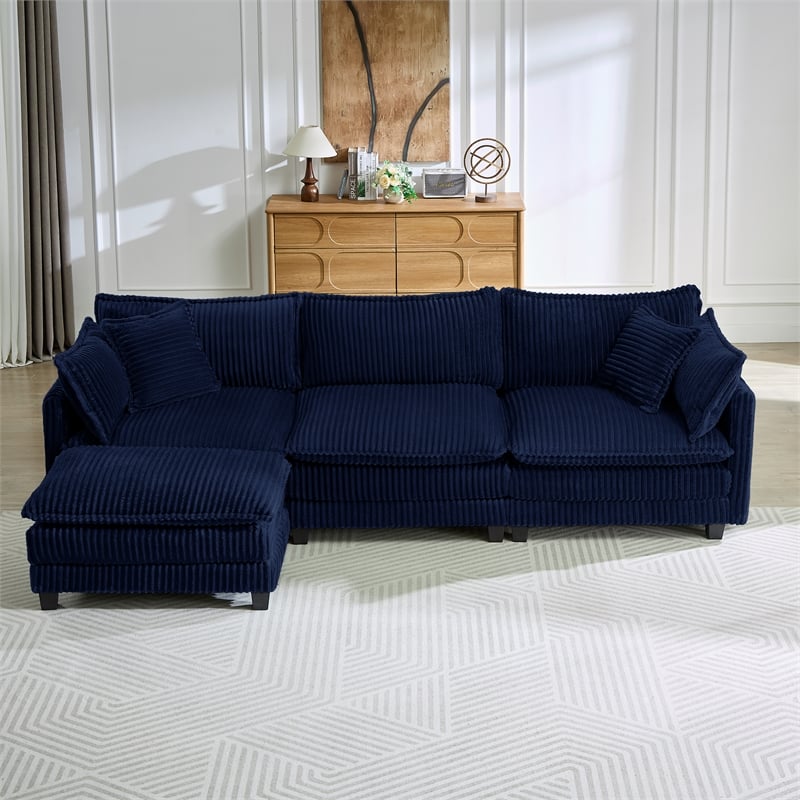 3-Seat Corduroy Cloud Sofa with Ottoman & Pockets & Pillows Blue