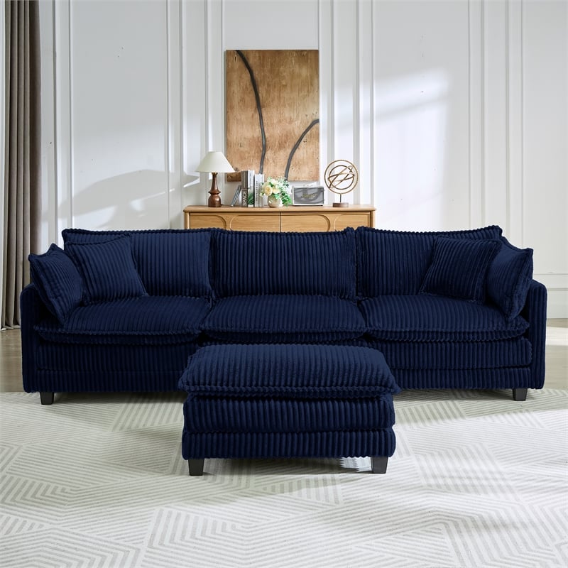 3-Seat Corduroy Cloud Sofa with Ottoman & Pockets & Pillows Blue