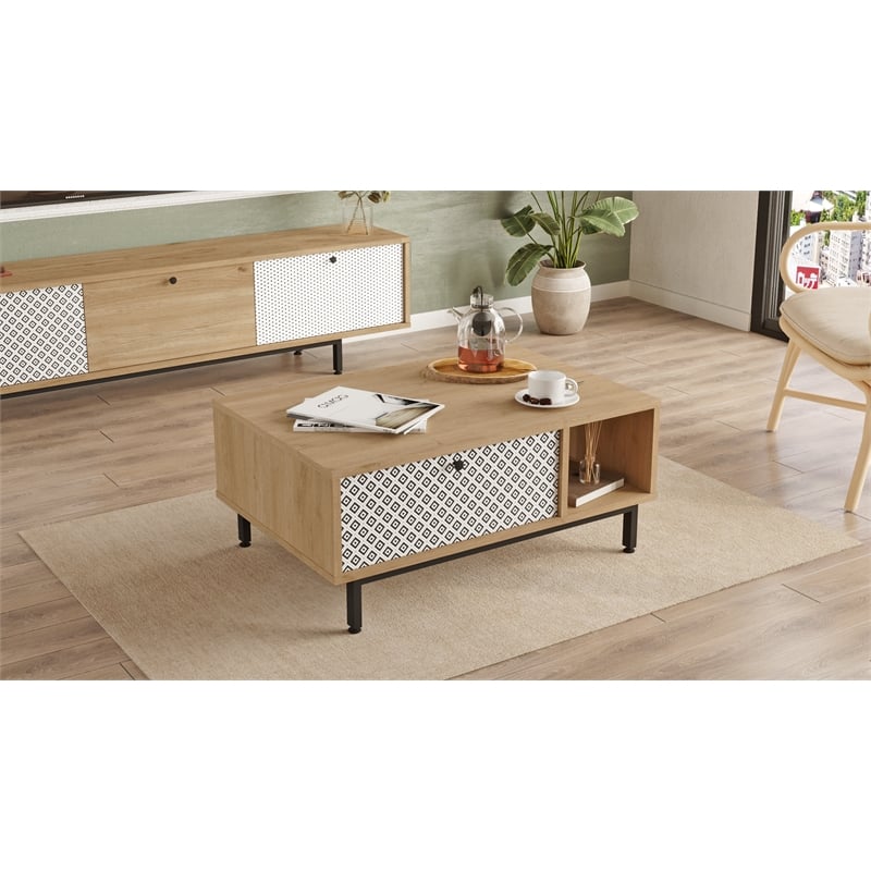 Crea Coffee Table with Metal Legs and Doors UV Print White