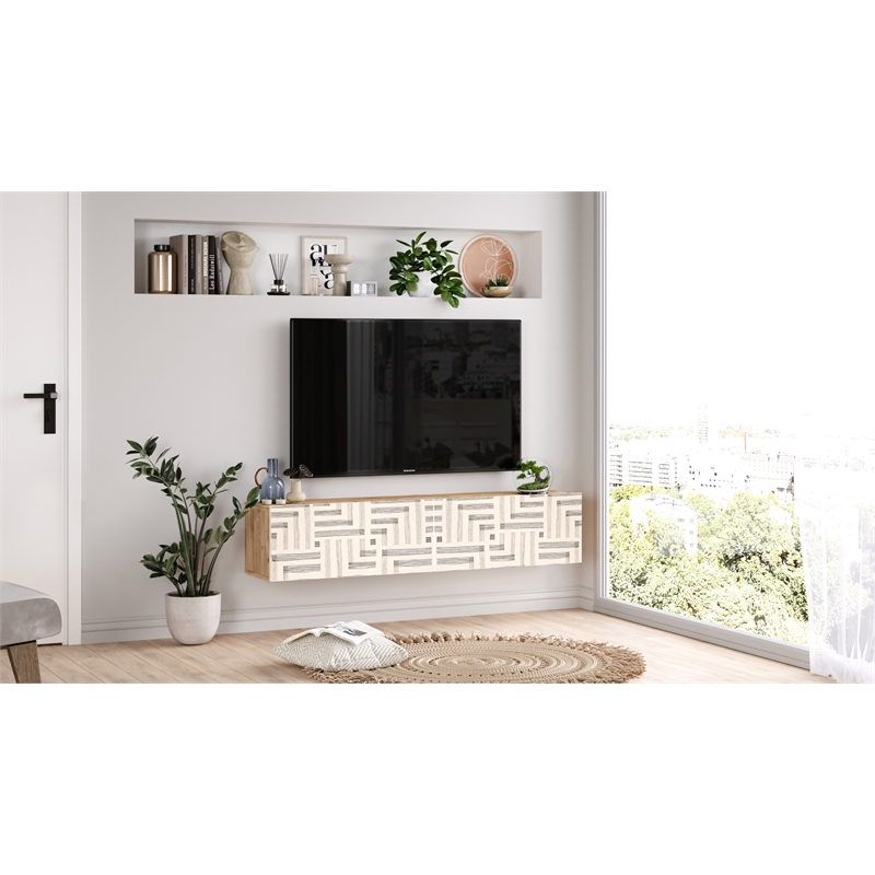Future TV Unit Maze Pine-White UV Print 55 inches Floating Entertainment Center