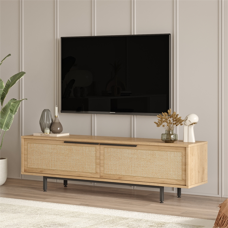 Ocean TV Unit with Metal Legs 63 Inches with Storage Shelves Doors Oak UV Print