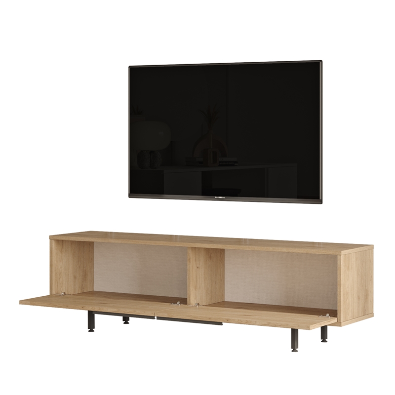 Ocean TV Unit with Metal Legs 63 Inches with Storage Shelves Doors Oak UV Print