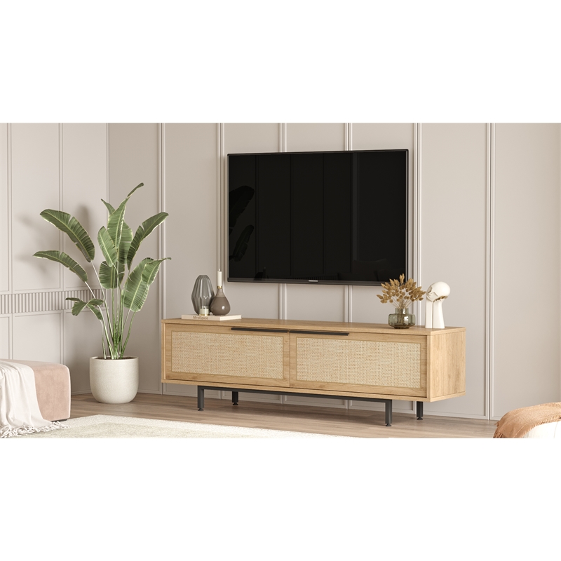 Ocean TV Unit with Metal Legs 63 Inches with Storage Shelves Doors Oak UV Print