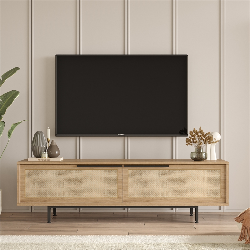 Ocean TV Unit with Metal Legs 63 Inches with Storage Shelves Doors Oak UV Print