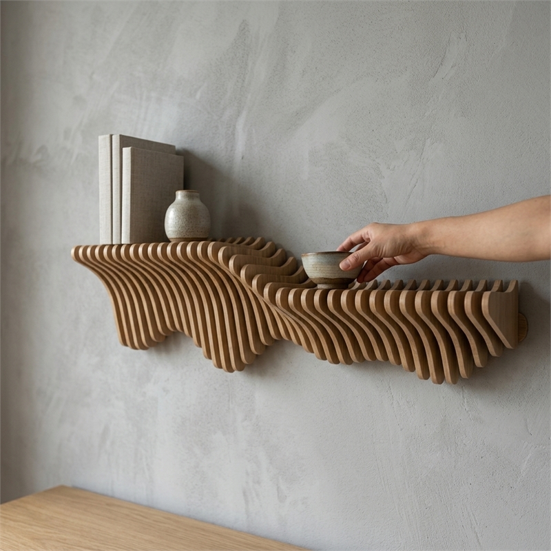 Batamex Parametric 36 Wavy Shelf Modern Geometric Wood Wall Piece Oak Color