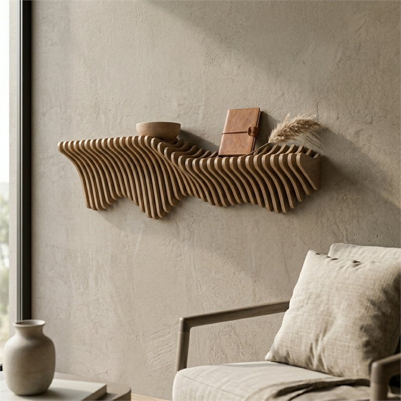 Batamex Parametric 36 Wavy Shelf Modern Geometric Wood Wall Piece Oak Color