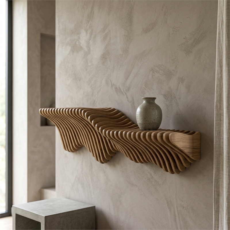 Batamex Parametric 36 Wavy Shelf Modern Geometric Wood Wall Piece Oak Color
