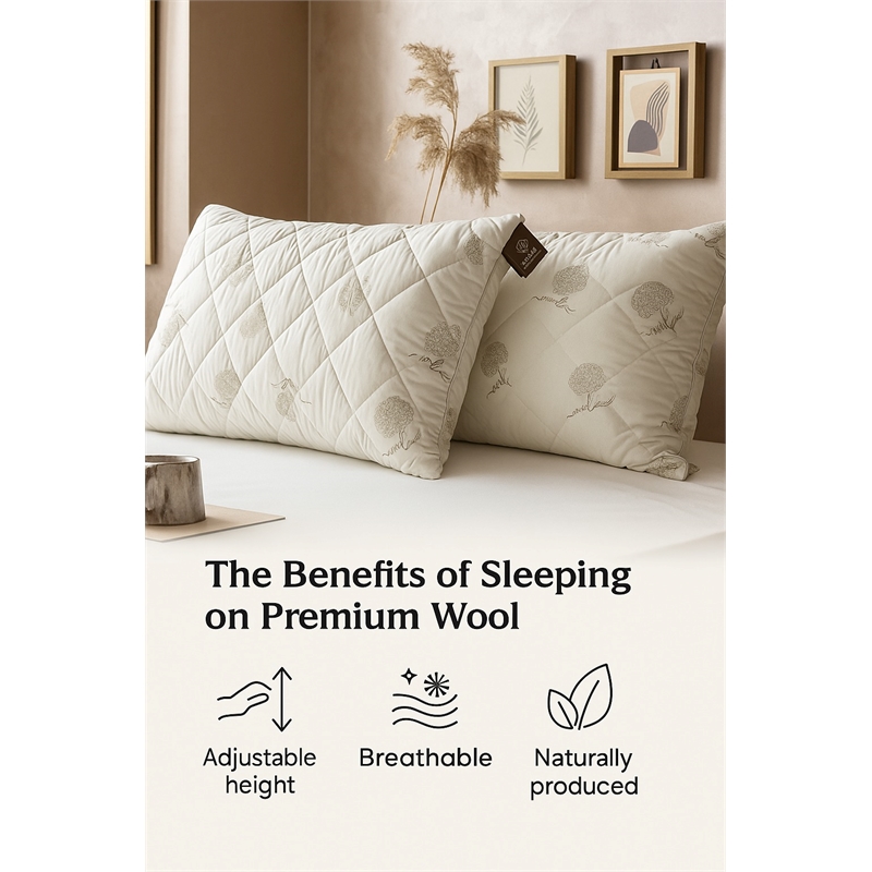 BATAMEX Duvetta Natural Wool Pillow with Protector Cover and Adjustable Filling