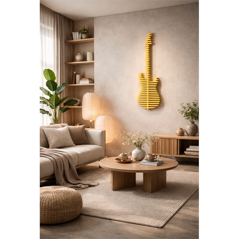 Elvis Parametric Wood Guitar Wall Decor Contemporary Sculptural Wall Art Yellow