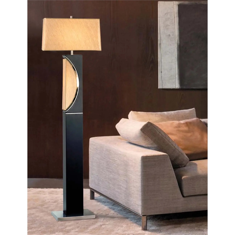 Half Moon Floor Lamp with Nightlight Dark Brown Etruscan Gold Linen Shade
