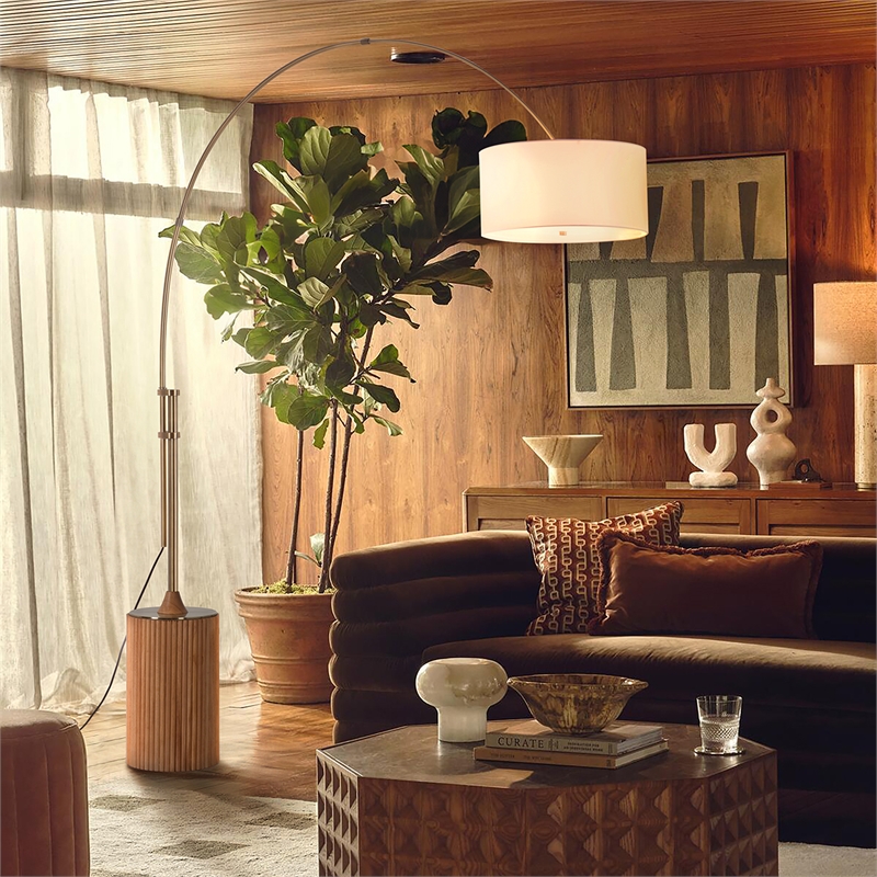Tambo Arc Floor Lamp - Natural Ash Wood Finish Weathered Brass