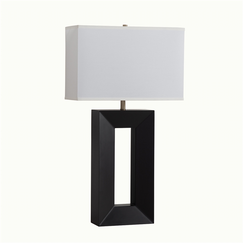 Julie Standing Table Lamp Ebony Wood Finish Weathered Brass White Linen Shade